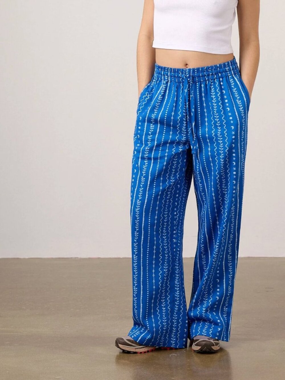 Blue Patterned Wide-Leg Pants